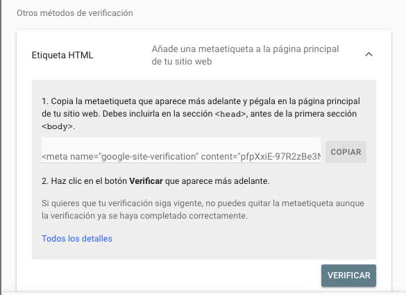 Etiqueta HTML o metaetiqueta para verificar tu perfil en google search console