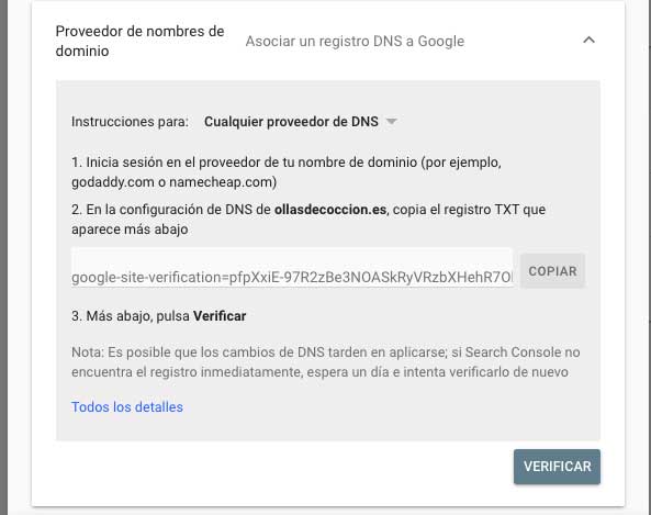 verificar google search console con la opción de proveedor de nombres de dominio
