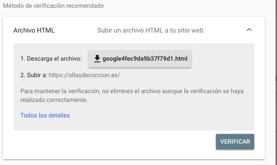 Subir un archivo Html para verificar web en search console