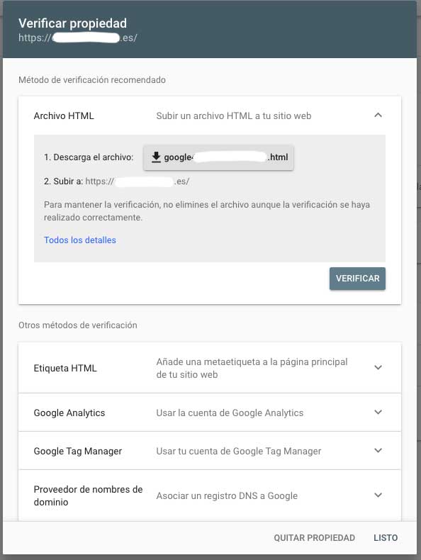 verificar la página en google search console