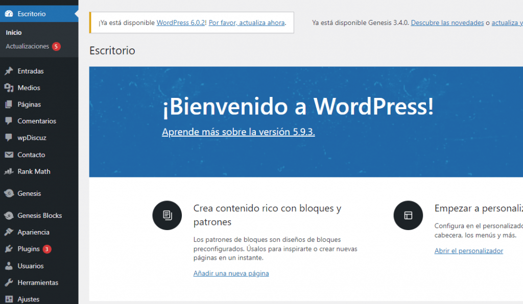 Panel de WordPress Panel de WordPress