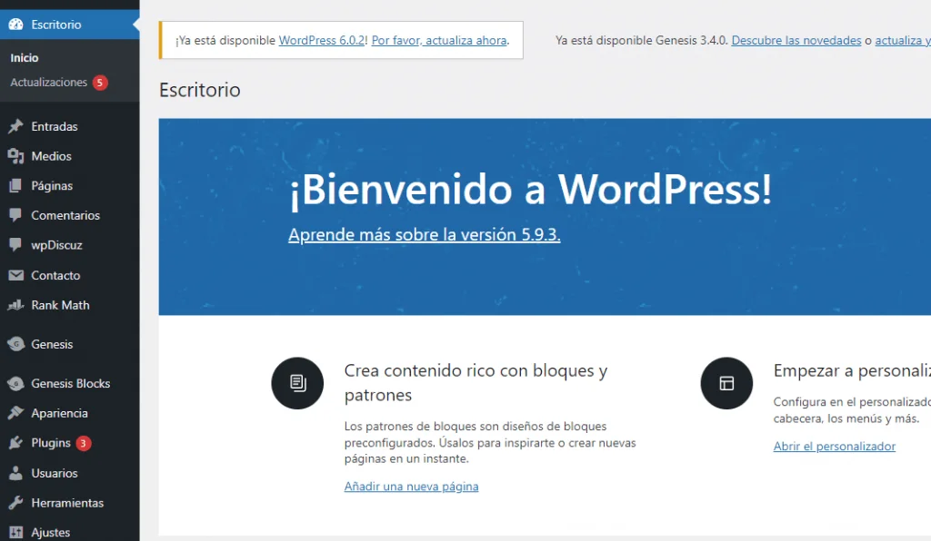 Panel de WordPress Panel de WordPress